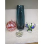 Blue vase, hand painted bowl, paperweight and hand blown ball
