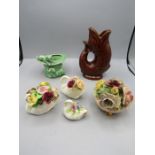 Sylvac hat vase. Dartmoor pottery gurgle jug and 4 ceramic floral bouquet swans  inc 3 swans