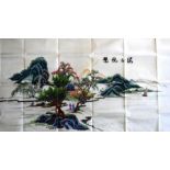 Chinese silk work depicting island / lake landscape scene unframed 28 x 50 inches