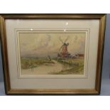 E. Stuart Reid watercolour Cley windmill and marsh 9x6"