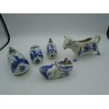3 Dutch Delfts blue clog table lighters, clog and cow creamer (some items a/f)
