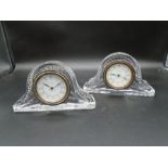 2 Waterford Crystal mantel clocks with Roman numeral dial, stamped to base, 17cm long x 9.5cm tall