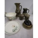 2 studio pottery jugs, jam and marmalade pots, butter dish and cheese dish