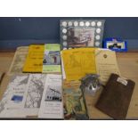 AA badge, maps, vintage car coin collection, a boxed car along with vintage eyeshields