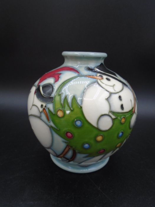 Moorcroft Christmas Snowman pottery vase of ovoid form, decorated in the Snow Dance pattern designed