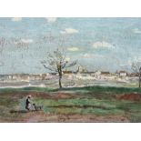 Rosny (seine et oise) Vue Du Village Au Printemps, oil on panel landscape signed lower right  "Corot