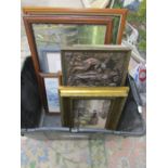 A classical plaque and various oil paintings and prints