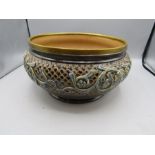 Doulton Lambeth bowl, heavily patterned with gold coloured rim 24cm dia