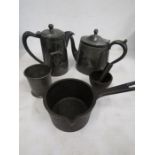 Pewter coffee/tea pots, tankard and cast iron milk pan and pestle & mortar