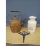 Copper kettle, cast iron 'Please Keep Off The Grass' sign and ceramic Apothecary jar