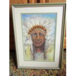 Framed and glazed Native American portrait, signed bottom right corner 37cm x 50cm approx