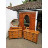 Oak wardrobe, dressing table with mirror and 2 short over 2 long chest of drawers