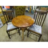 A pine pedestal table and 2 barley twist chairs with crushed velvet seat pads