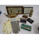 Collectors lot to inc mother of pearl opera glasses, onyx vases, carved sandstone figure, sewing