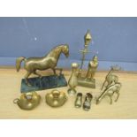 Brassware to include horse with marble base and candle holders etc