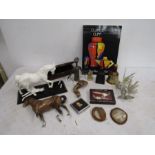 Collectors lot- weight door stop, corkscrew openers, 2 broken Beswick horses, metal fighting cocks