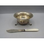 Silver hallmarked sugar bowl and mother of pearl knife with silver blade 100gmd gross weight