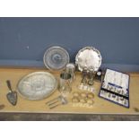 Mixed plated items to include serving dishes, cutlery and salt and pepper shakers etc