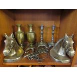 Brass candlesticks, brass vases, brass horse bookends and keys