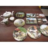 Banbury Mint 'Day's on the farm' teapot, milk jug and sugar bowl, Royal Doulton picture plates and a