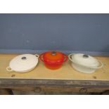 2 Berndes cast iron casserole pots with lids and shallow casserole dish with lid