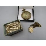 Pocket watch, pearls and a yellow metal locket necklace