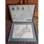 2 Framed and glazed maps of Cornwall and a framed print of a Cornish Cathedral