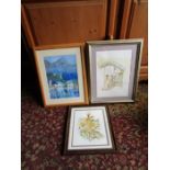 3 Framed and glazed watercolours by local artist Jill Fitzhugh. Largest 36cm x 46cm approx