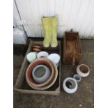 Various planters inc wellies planter and wooden dog planter