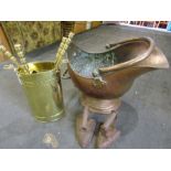 Copper coal scuttle, brass companion set, 2 vintage irons