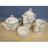 Wedgwood Raspberry Cane teapot, coffee pot, jug and bowl