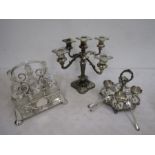 Silver plate candelabra, 6 piece cruet set and egg cup and spoon stand