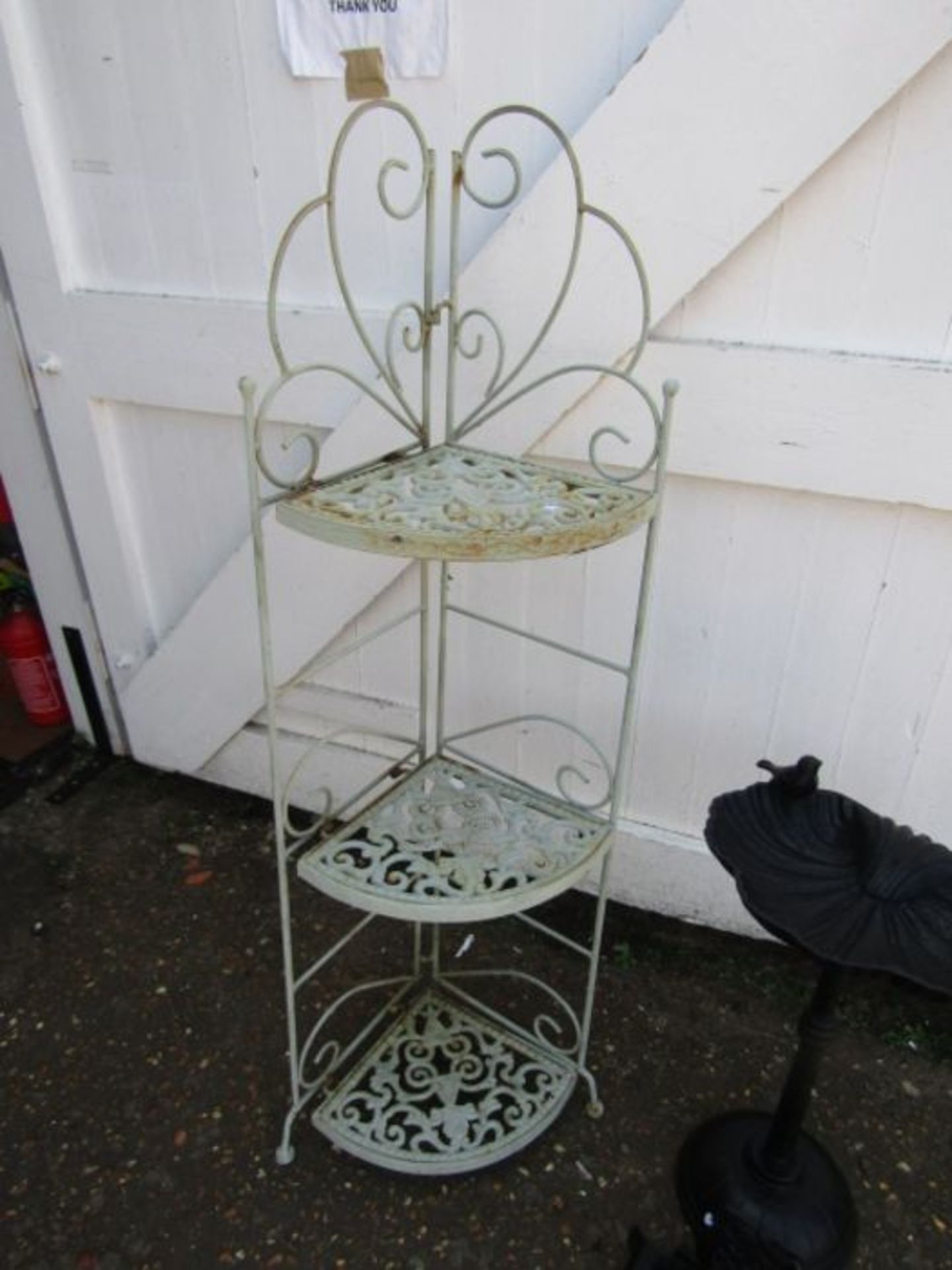 Green metal corner garden shelving, cast iron bird bath and owl boot brush - Image 4 of 4