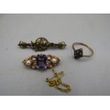 9ct Gold brooch with purple stone and safety chain, brooch stamped 15ct and a ring stamped 9ct-