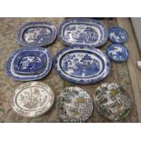 Vintage meat plates, 4 Indian Tree plates and 6 Myotts Hunter themed plates