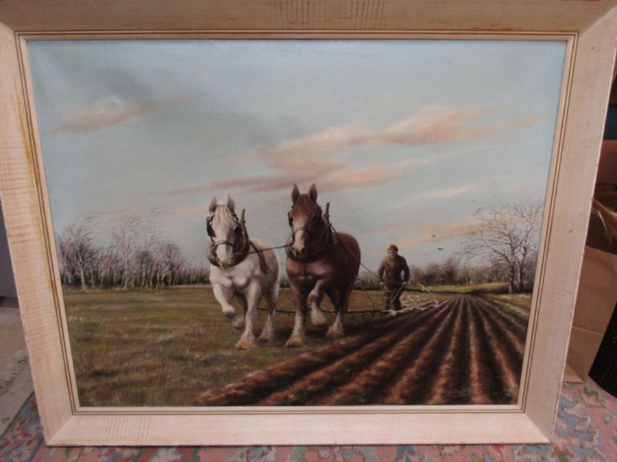 I.J Tankard oil on board of a horse ploughing scene 102x84cm