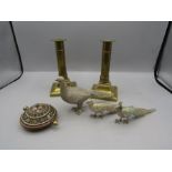 Pair brass candlesticks, pheasant figures and a small Moroccan? trinket pot