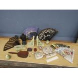 Oriental fans, crystal, onyx bookends and dressing table set etc