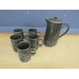 Holkham Pottery coffee pot and 5 coffee cups