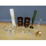 Glass paperweights, Luminarc cranberry glasses and vase etc