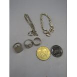 2 silver rings (16gms) 2 white metal chains and a ring, St Christopher medallion and Notre Dame