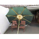 2 Wooden garden chairs and parasol
