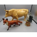 Beswick Fox, Beneagles Falcon bottle and a large ceramic Bull with stamp