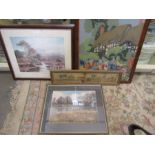 M. Leverett pastel landscape, coach and horses print, cattle print and a wool work picture