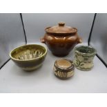 Studio pottery bowls and a stoneware lidded pot