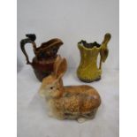 Sylvac stalk jug, Woods jug with sea horse handle and a hare lidded dish