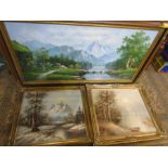 3 signed Oil on canvas paintings depicting lake/mountain scenes in gilt frames largest 140x83cm