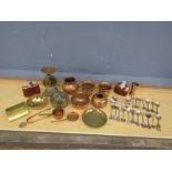 Copper and brass scales, copper pots, 2 hip flasks and collectable spoons etc