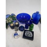 Bristol blue glass, Liberty's scent bottle, Dartington glass paperweight in original box etc etc