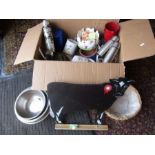 A box of sundry items inc cow chalk board, flasks, planters and dog bowls